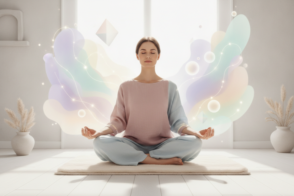 Illustration douce d’une personne apaisée en réflexion, entourée d’éléments symbolisant l’équilibre émotionnel et mental.