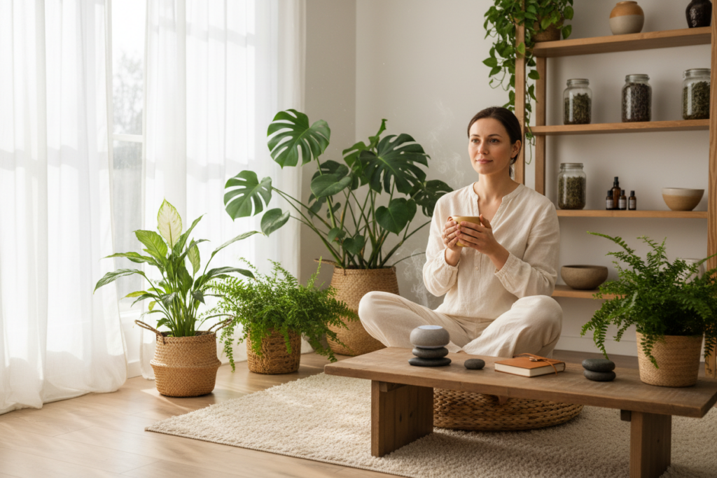 Femme détendue dans un intérieur lumineux, entourée de plantes, évoquant la santé naturelle et le bien-être global.
